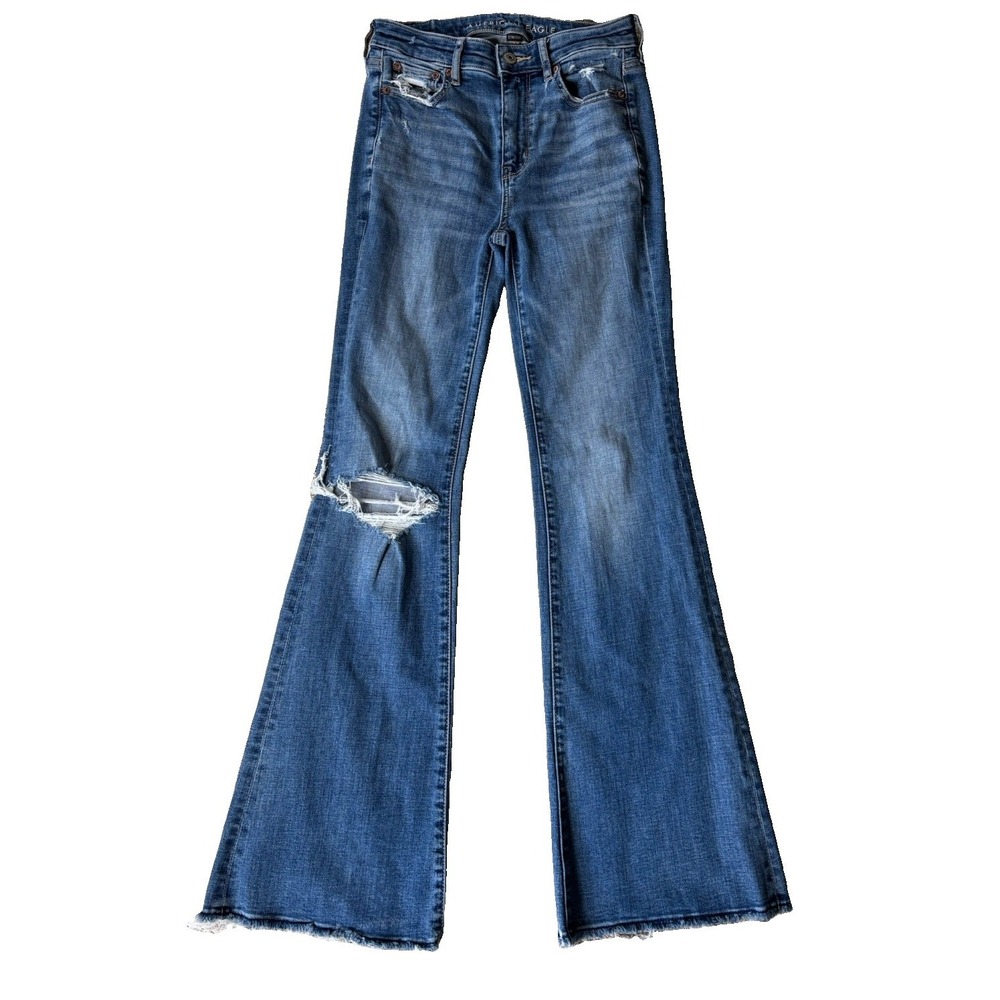 American Eagle Womens Jeans 0 Super Hi Rise Flare Distressed Blue